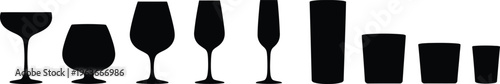 Wine glasses, cocktail glasses, beer glasses, and tumblers, drinkware set, vector icons