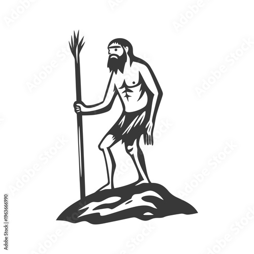 A prehistoric caveman holding a spear stands upon a rocky surface