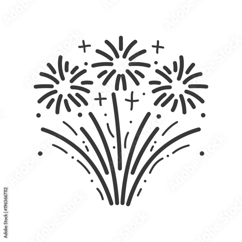 A black and white illustration depicts a celebratory fireworks display