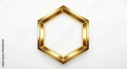 Shiny three dimensional golden hexagon frame object rests against a plain bright white background.
