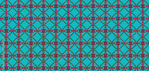 Seamless geometric pattern featuring octagonal frames and vibrant tribal motifs in teal, fuchsia, purple, and brown. Abstract decorative background.