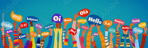 Diverse hands holding colorful speech bubbles saying hello in different languages