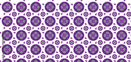 Purple geometric seamless pattern, abstract circular design with violet, lavender, and gray shapes on a clean white background, decorative texture.