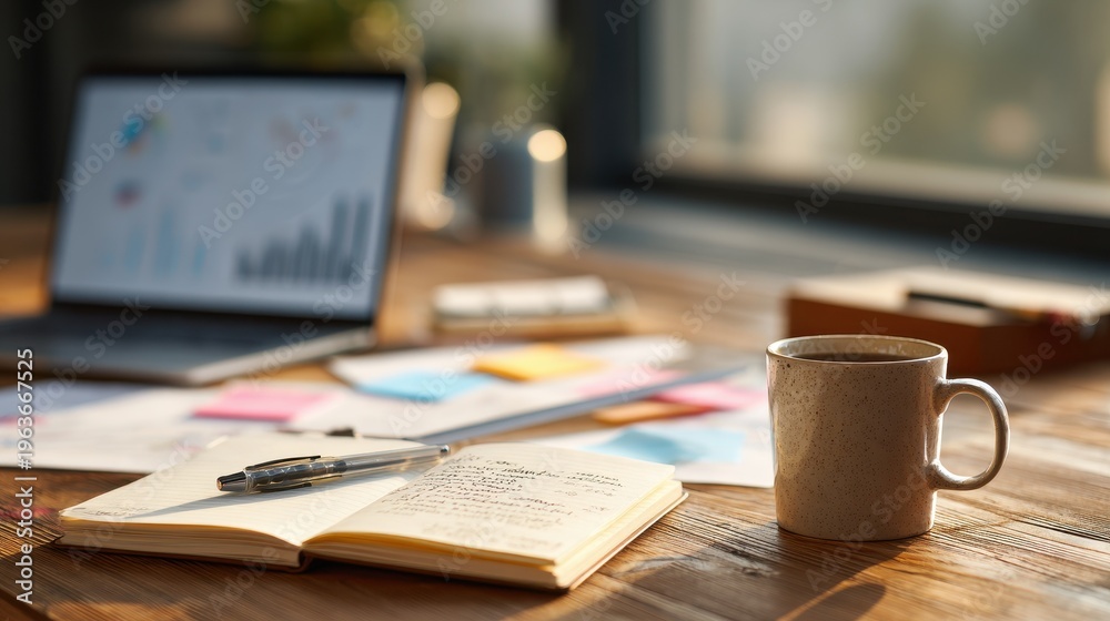 Obraz premium Clean workspace showing a notebook with SEO notes and keyword planning beside a laptop