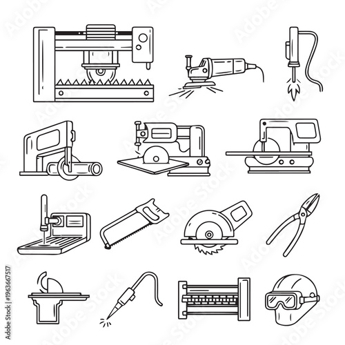 Workshop Tools Collection: Precision Cutting and Welding Equipment Line Art