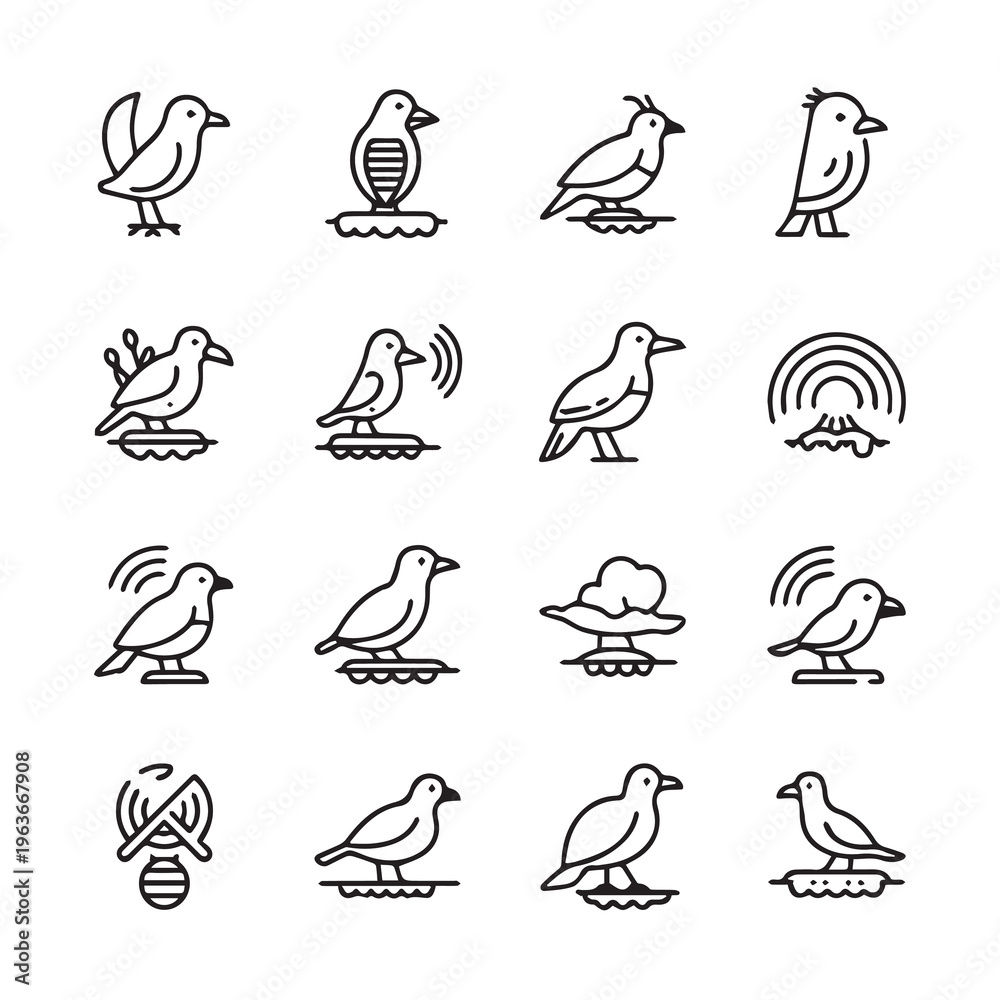 Fototapeta premium Bird Icons Collection: Diverse Avian Silhouettes with Symbolic Elements Minimalist Outline Style