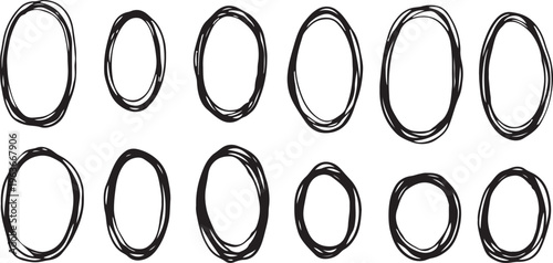 A collection of 12 black oval shapes on a white background