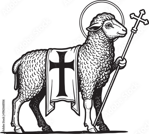 A lamb with a halo and a cross on its cloak holding a staff