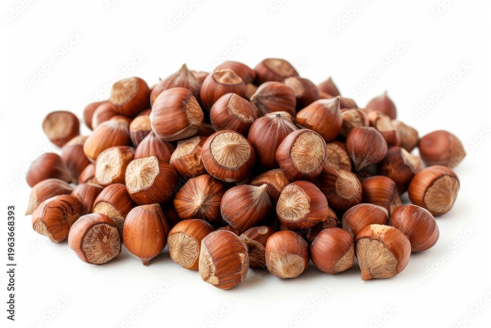 Fototapeta premium Hazelnuts are piled, creating a small mountain of nuts on a clean white background