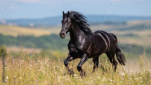 Dynamic motion of a dark-coated horse in a grassy field