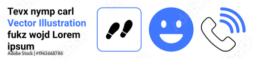 Communication, navigation, user interaction, emotions, customer support, and digital tools. happy face, phone with sound waves and footprint symbol. Communication and navigation concept