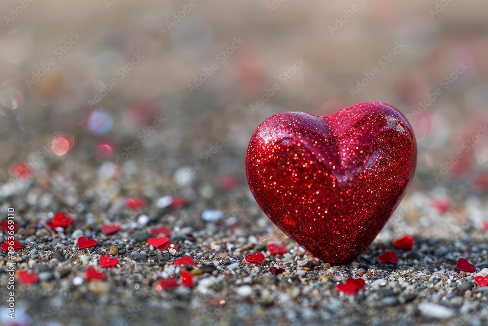 Fototapeta premium Close up view of a sparkling red heart on a bed of gravel, adorned with small heart confetti, creating a romantic valentine's day scene