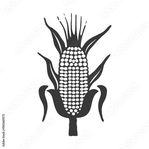 A stylized black and white image of an ear of corn
