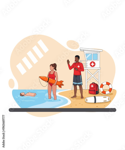 Two vigilant lifeguards, a man and woman, stand prepared with essential rescue gear for any water emergency.