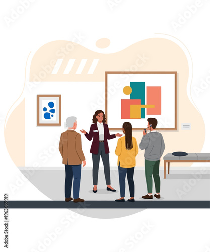 Engaging female guide leads a diverse group of art enthusiasts through a gallery, discussing contemporary abstract paintings.