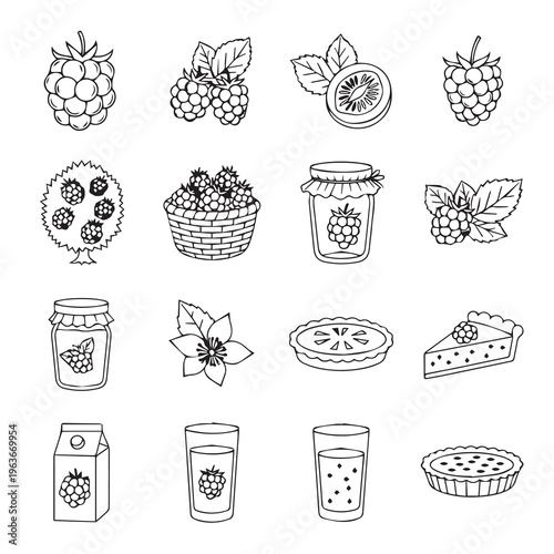 Hand-Drawn Raspberry Icons: Fruit Jam Pie and Juice Illustrations