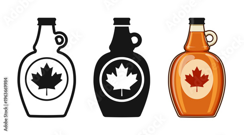 various simple classic canadian maple syrup glass bottle with small ring handle icon symbol vector set on transparent background