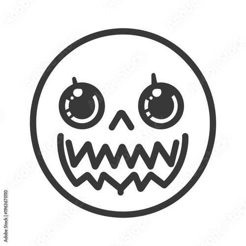 A round cartoon face displays a toothy smile and large eyes