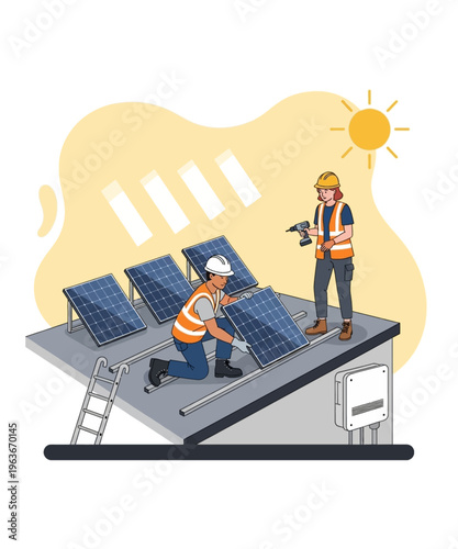 Two construction workers installing blue photovoltaic solar panels onto a building roof structure