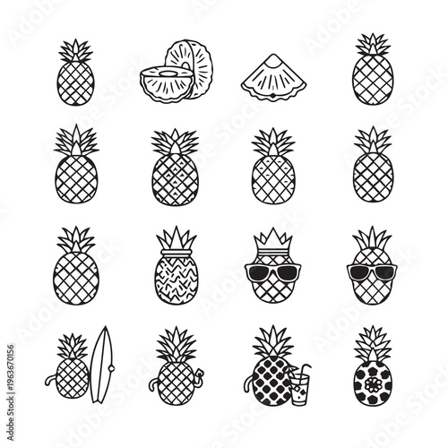 Cute Pineapple Illustrations with Sunglasses and Surfboard Hand-Drawn Tropical Fruit Icons White Background