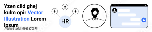 Human resources, recruitment, digital communication, employee engagement, management tools, teamwork. Profile icon with arrows labeled HR and chat interface. Human resources and recruitment concept