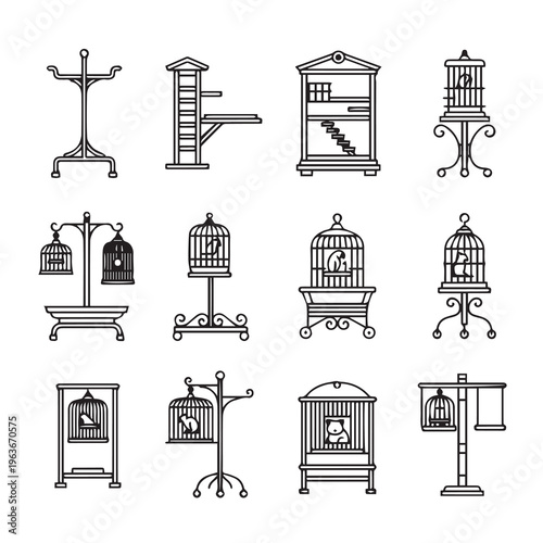 Diverse Bird Cages Collection Various Styles Clean Line Art Isolated on White