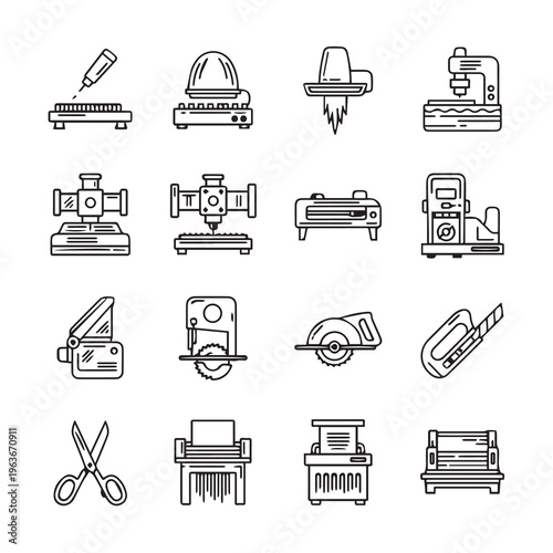 Industrial Cutting Tools Collection Precision Crafting Machines Detail-Oriented Icons Manufacturing Concept Minimalist Line Art Style