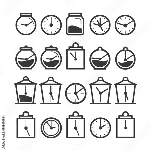 Various shapes of clocks depicting different times in the image