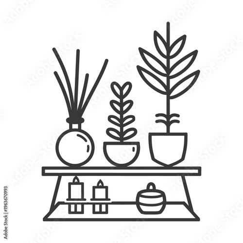 An illustration depicting an indoor shelf with various objects on it