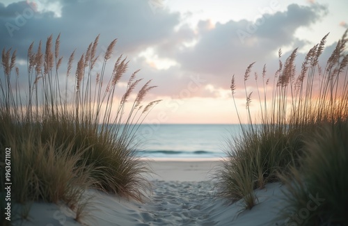 Sandy path through tall dune grass leads to calm sea and sky at sunset. Gentle breeze rustles beach plants. Peaceful coastal scenery at dusk.