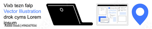 Remote work, digital tools, online navigation, web design, location services, user experience. Black laptop, interface layout and location pin icon setup. Remote work and digital tools concept