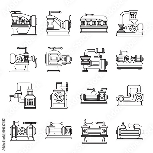 Industrial Lathe Machines Collection Precision Engineering Equipment Metalworking Tools Engineering Blueprint Style