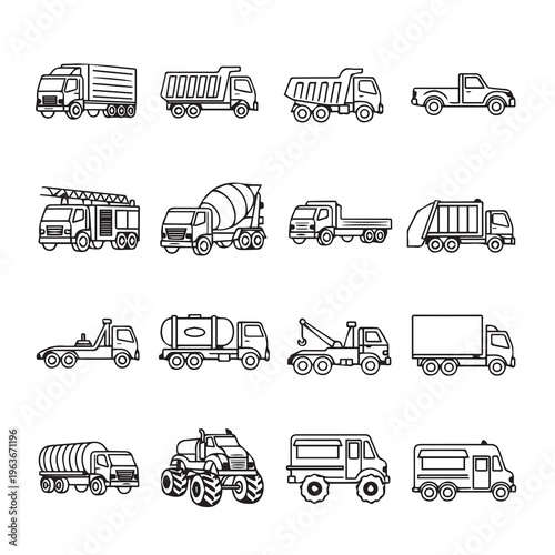 Diverse Truck Icons Collection: Various Vehicles for Transportation and Logistics Concepts