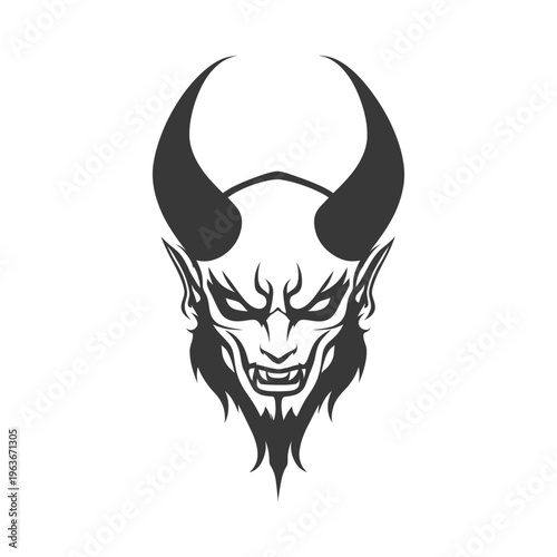 A stylized illustration of a demon head with large curved horns