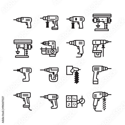 Drill Icon Set: Cordless Hammer Benchtop and Rotary Tool Illustrations for Construction and DIY Projects
