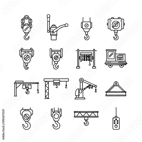 Industrial Lifting Hooks and Hoists Collection Diverse Overhead Equipment Icons Clean Line Art Style