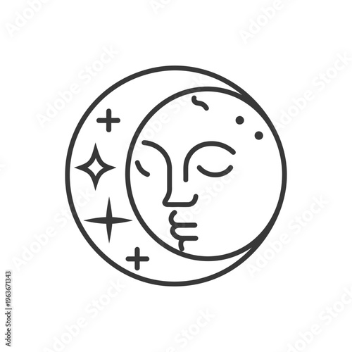 A whimsical crescent moon with a serene human face design