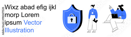Cybersecurity, remote work, digital protection, teamwork, online privacy, communication. Blue shield with lock icon and two professionals communicating. Cybersecurity and remote work concept