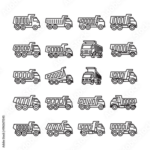 Dump Truck Variations Collection Construction Vehicle Icons Clean Line Art Isolated on White Background