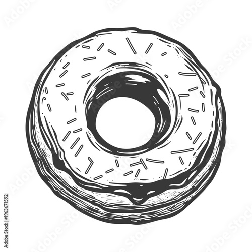 A detailed grayscale illustration of a sprinkled glazed donut