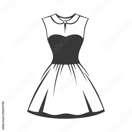 A simplistic drawing depicting a sleeveless dress in black and white