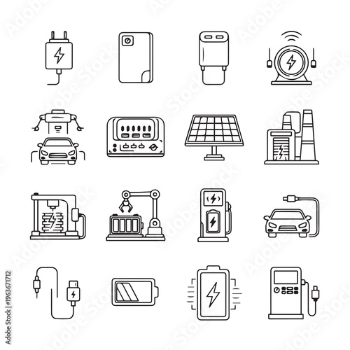 Electric Vehicle Charging Technology Icons: Power Battery Solar Factory AutomationClean Line Art Style