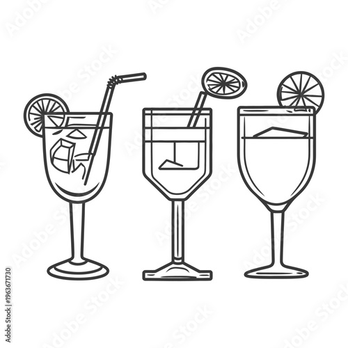 Three different cocktails with citrus garnish and straws presented