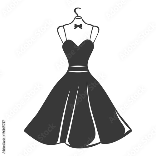 A black elegant dress displayed on a mannequin with a bow