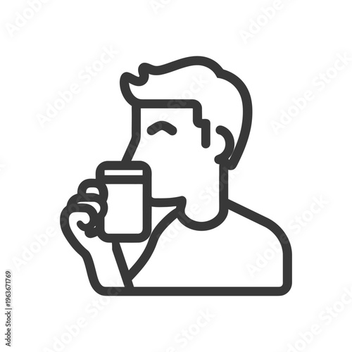 A person is drinking from a small container happily