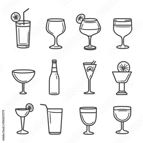 Various types of beverage glasses and a bottle displayed in monochrome