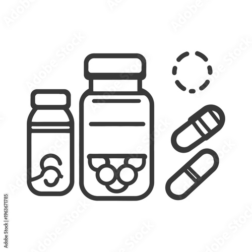 Two medication bottles with capsules and a dotted circle graphic