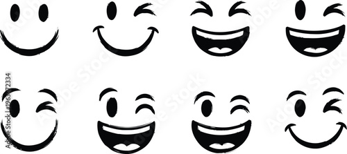A collection of eight black and white emoji faces showing various expressions isolated on transparent background