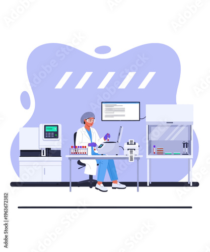 Scientist in protective gear operating sophisticated laboratory equipment for medical testing analysis
