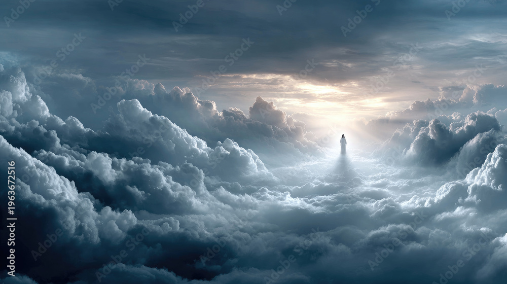 Obraz premium Virgin Mary ascending to heaven amidst bright radiant light, symbolizing faith, spirituality, and divine grace during a sacred ascension